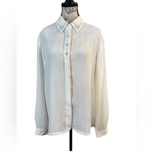 Napa Valley Off-White Blouse with Blue Embroidery Long Sleeve Button Down size L